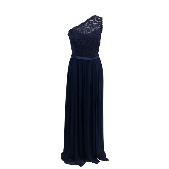 David’s Bridal Size 12 one shoulder lace top maxi gown dark blue evening formal - Picture 1 of 14